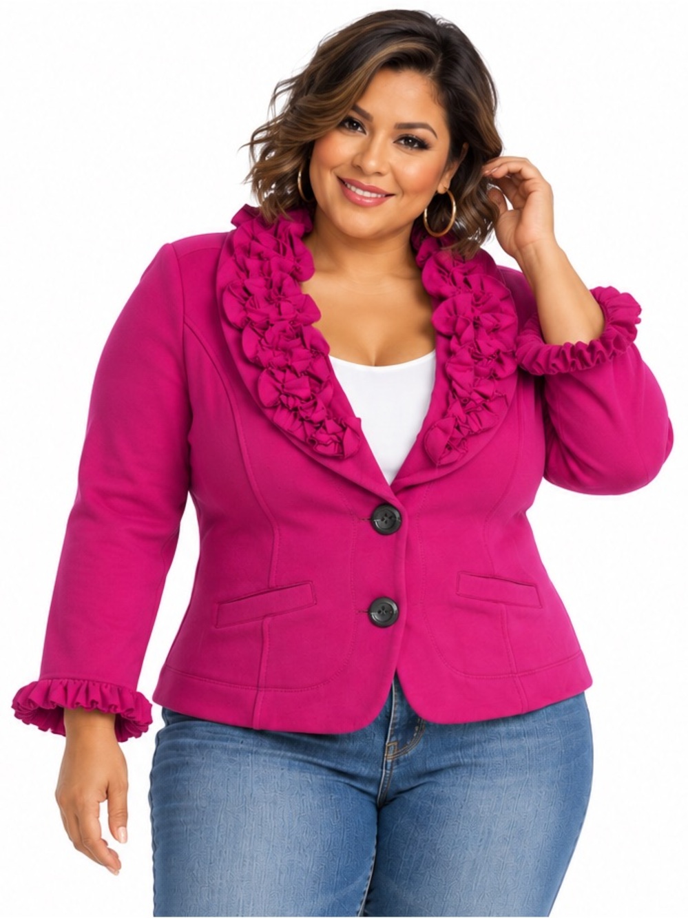 Nick & Mo Ruffle Blazer Size XL Magenta Pink Cotton Stretch Jacket Romantic